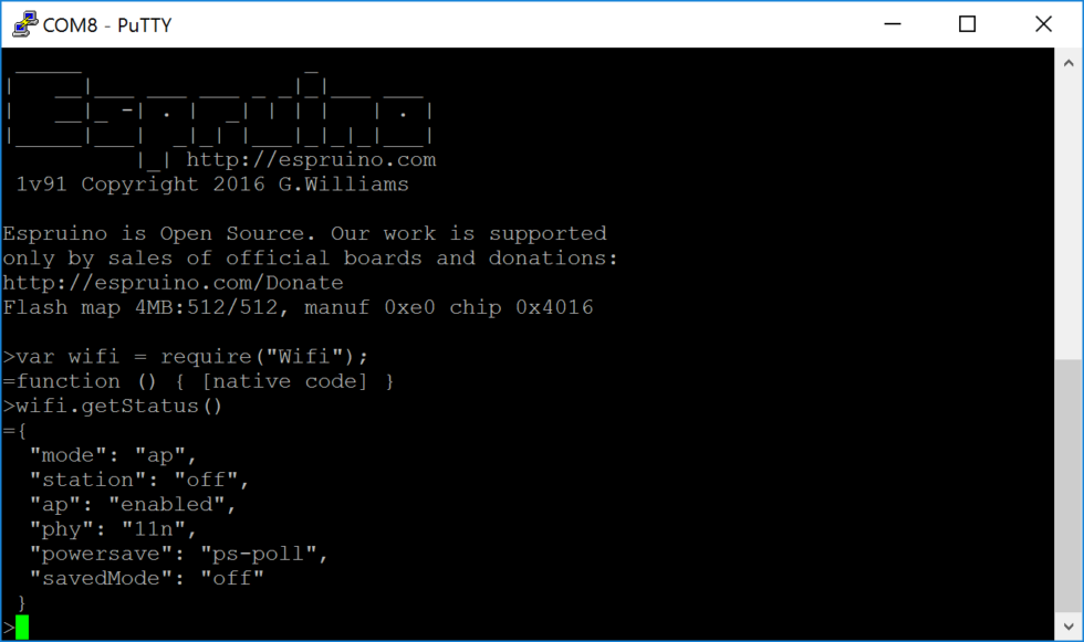 PuTTY terminal open on esp8266 dev board