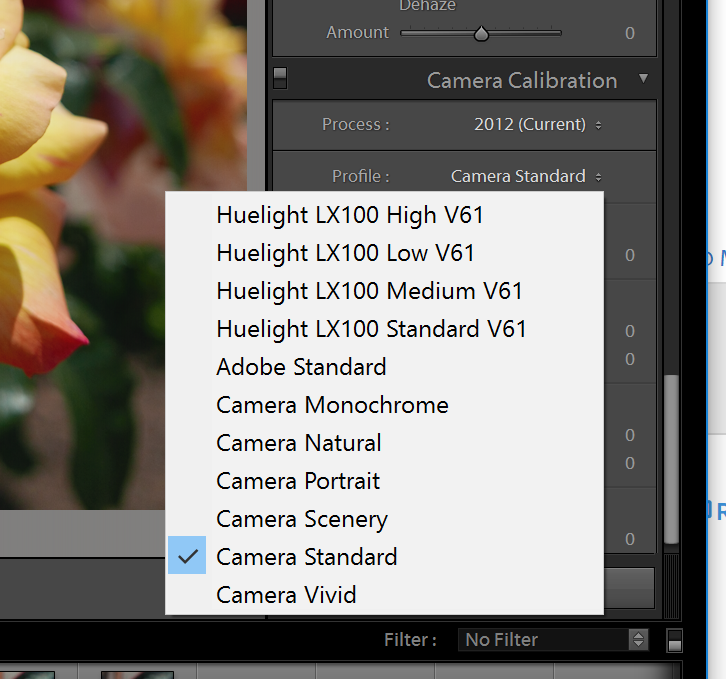 Camera Calibration Profiles menu in Adobe Lightroom